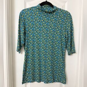 Santory teal floral mock-neck 3/4 cropped sleeve ribbed blouse size L